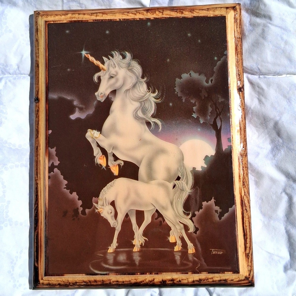 Vintage Turao Unicorn Mother and Foal Resin Wood Plaque Wall Art 70s 80s Retro